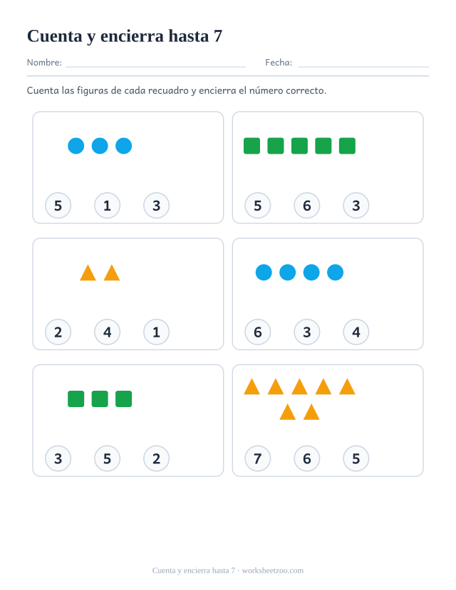 Ficha para contar, cuenta los círculos, cuadrados y triángulos y encierra el número correcto entre tres opciones, hasta 7