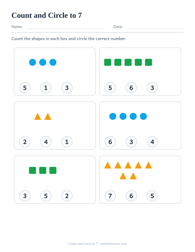 Counting worksheet, count the circles, squares and triangles and circle the correct number out of three choices, up to 7