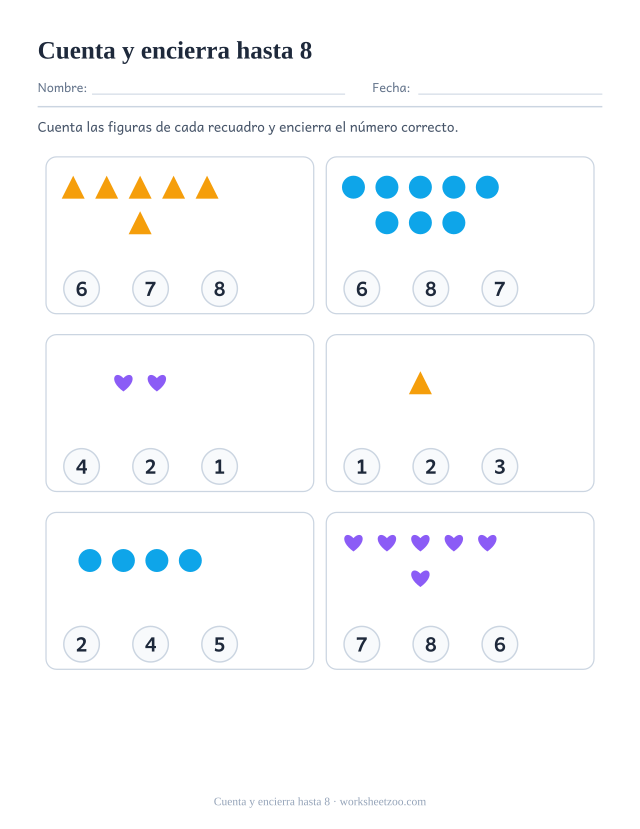Ficha para contar, cuenta los triángulos, círculos y corazones y encierra el número correcto de entre tres, hasta 8