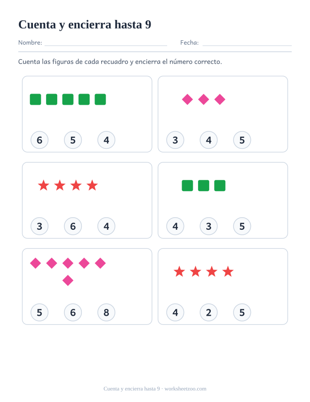 Ficha para contar, cuenta los cuadrados, rombos y estrellas y encierra el número correcto entre tres opciones, hasta 9