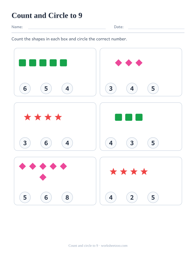 Counting worksheet, count the squares, diamonds and stars and circle the correct number out of three choices, up to 9