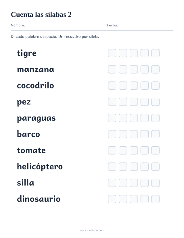 Segunda ficha de contar sílabas con palabras más largas de animales y objetos