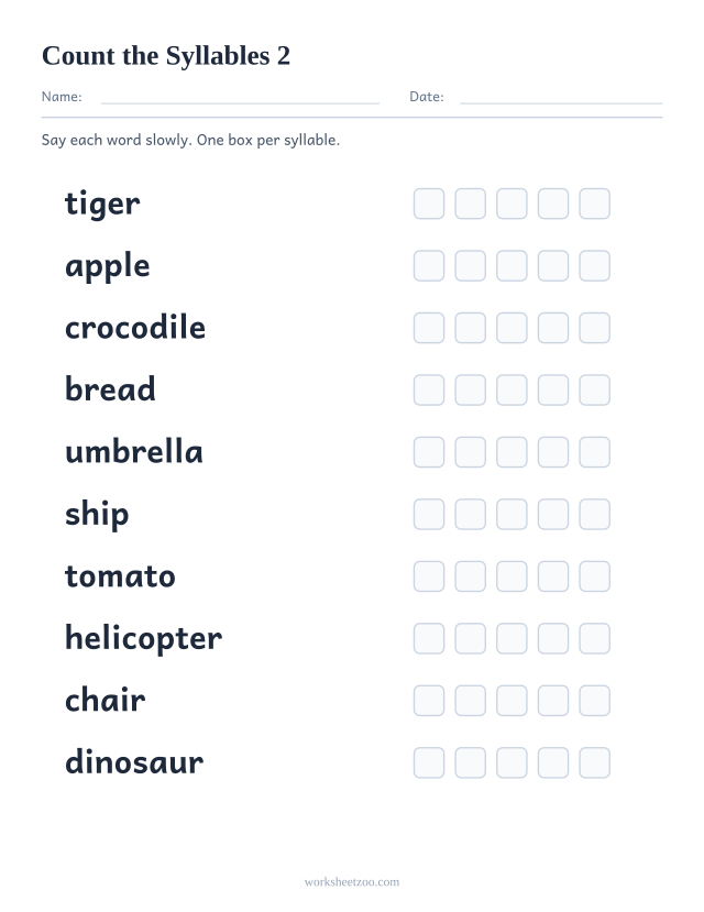 Second syllable counting worksheet with longer animal and object words to clap out