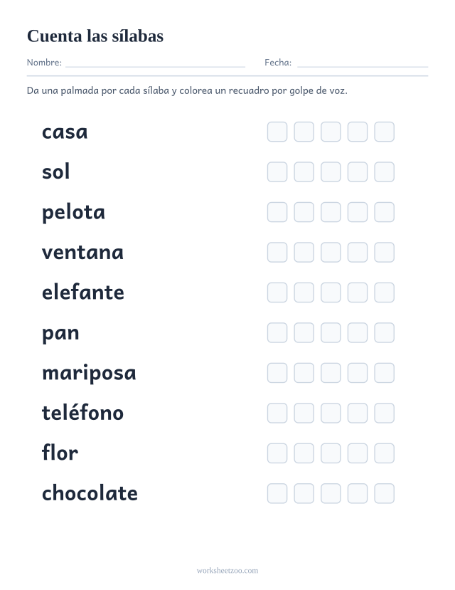 Ficha para contar sílabas, diez palabras con cinco recuadros para colorear por golpe de voz