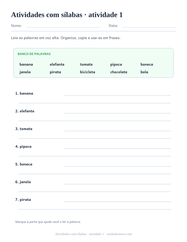 Prévia de Atividades com sílabas, atividade 1 para imprimir