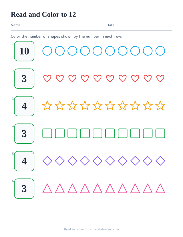 Counting worksheet, read each number up to 12 and color that many shapes in the row