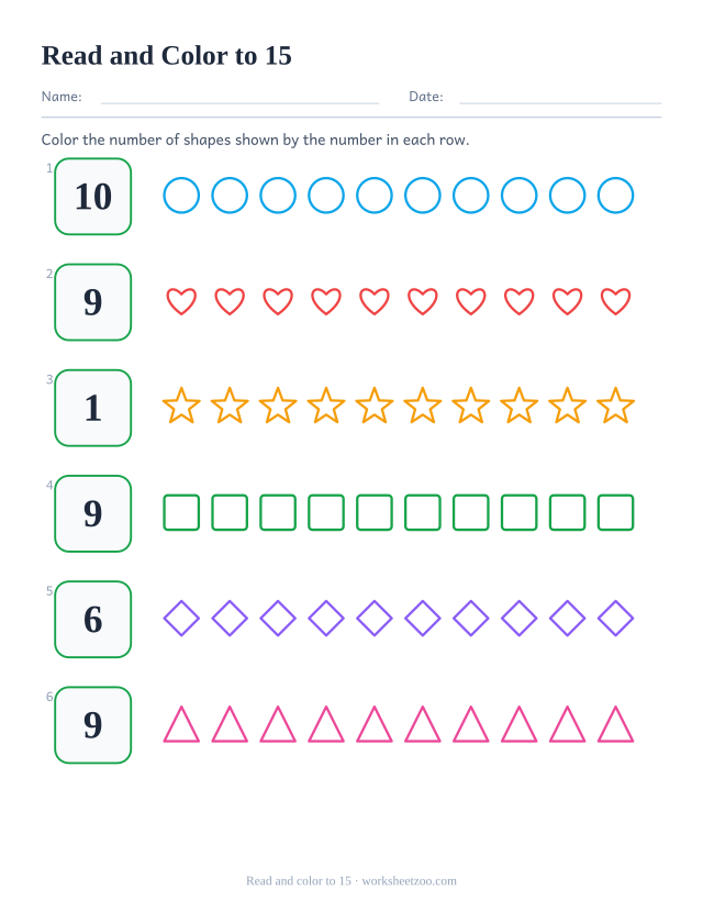 Counting worksheet, read each number up to 15 and color that many shapes in the row