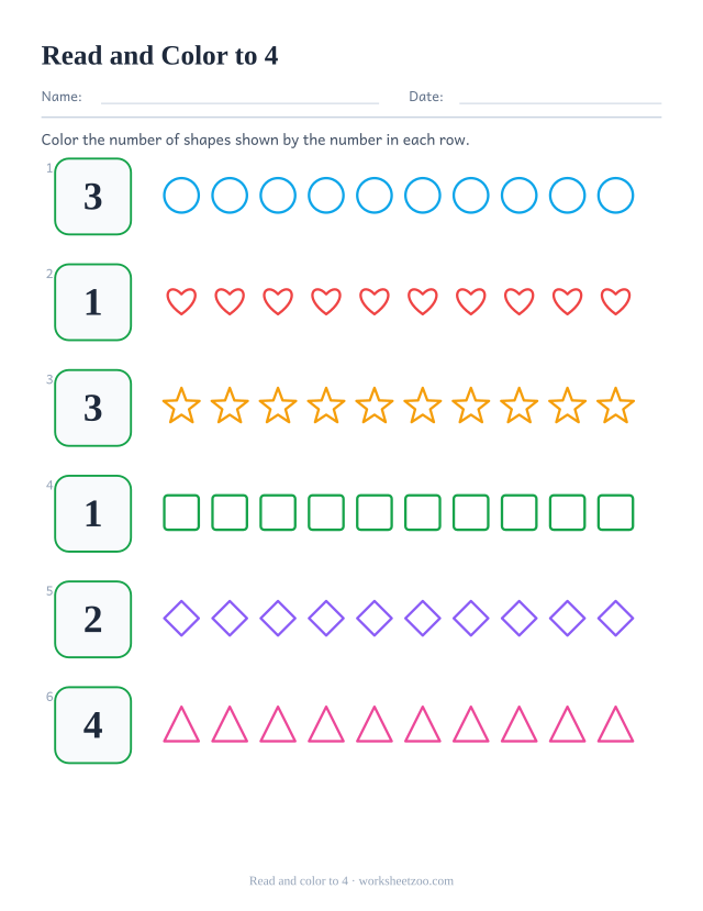 Counting and coloring worksheet, read each number up to 4 and color that many outline shapes in the row