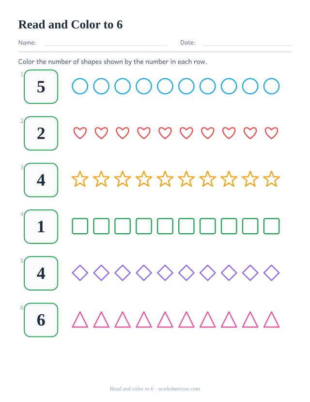 Counting worksheet, read each number up to 6 and color that many shapes in the row