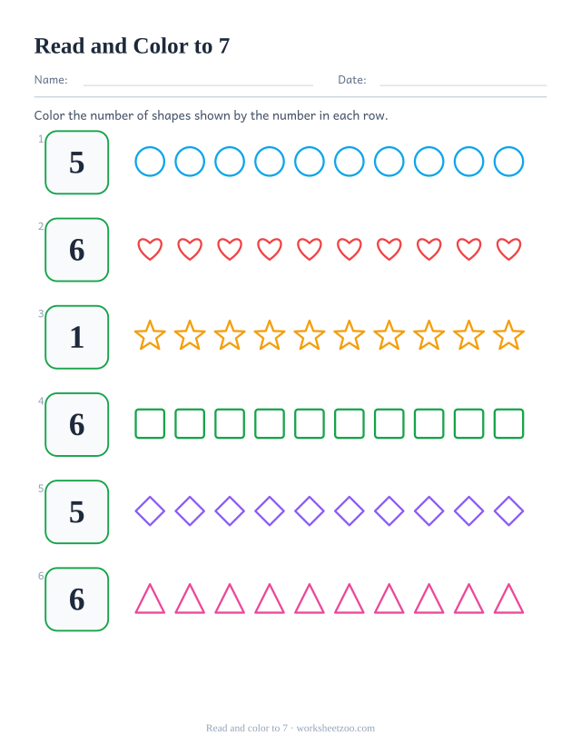 Counting and coloring worksheet, read each number up to 7 and color that many outline shapes in the row