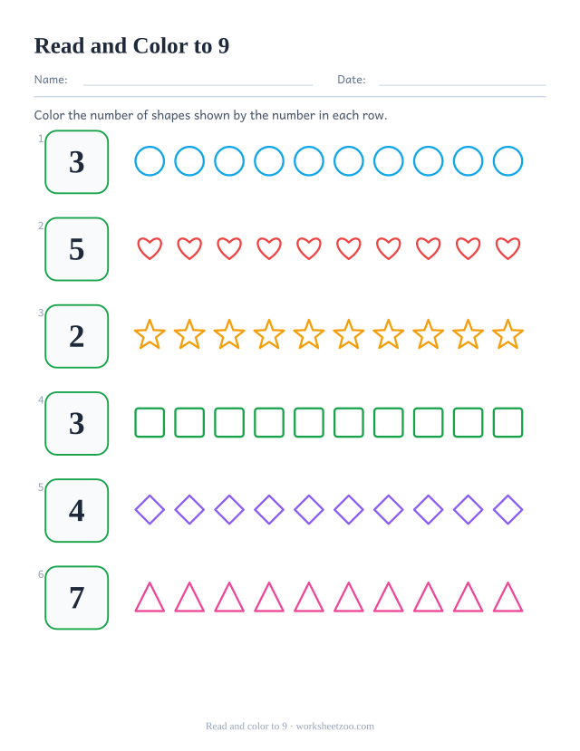 Counting and coloring worksheet, read each number up to 9 and color that many outline shapes in the row