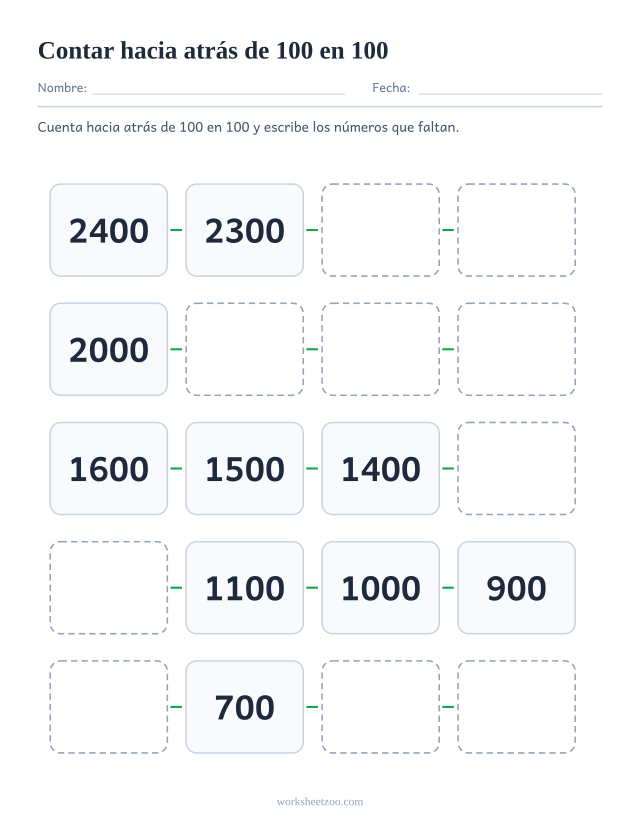 Ficha para contar hacia atrás de 100 en 100, veinte casillas que bajan del 2400 al 500 con huecos que completar