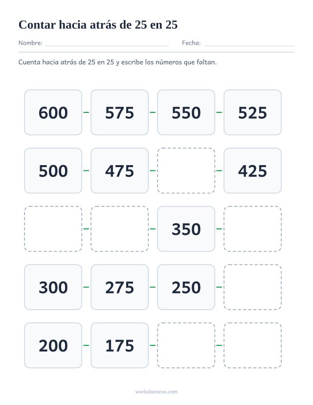 Ficha para contar hacia atrás de 25 en 25, veinte casillas que bajan del 600 al 125 con huecos que completar