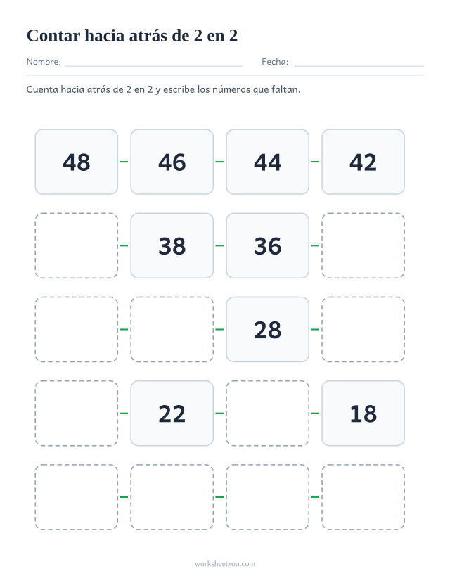 Ficha para contar hacia atrás de 2 en 2, veinte casillas que bajan del 48 al 10 con huecos que completar