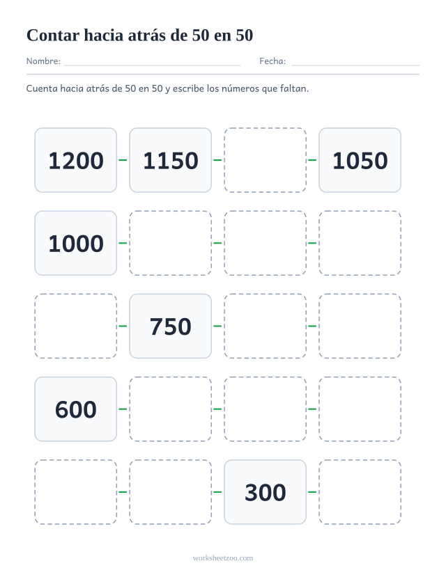 Ficha para contar hacia atrás de 50 en 50, veinte casillas que bajan del 1200 al 250 con huecos que completar