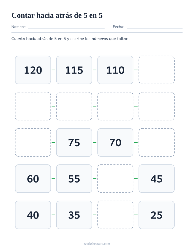 Ficha para contar hacia atrás de 5 en 5, veinte casillas que bajan del 120 al 25 con huecos que completar