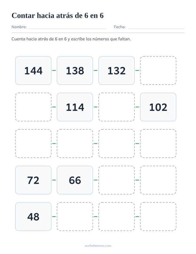 Ficha para contar hacia atrás de 6 en 6, veinte casillas que bajan del 144 al 30 con huecos que completar