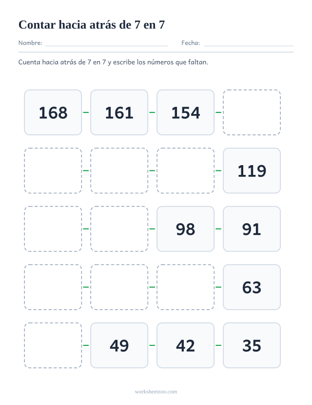 Ficha para contar hacia atrás de 7 en 7, veinte casillas que bajan del 168 al 35 con huecos que completar