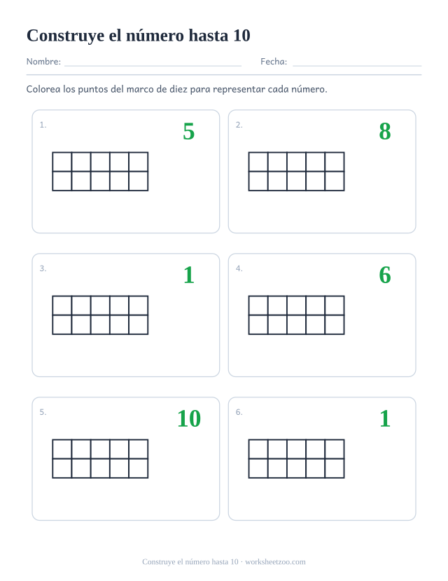 Ficha para contar con marcos de diez para los números del 1 al 10 vacíos, colorea la cantidad justa de puntos para formar cada número