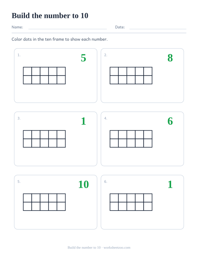 Counting worksheet with empty ten frames for the numbers 1 to 10, color the right number of dots to build each one