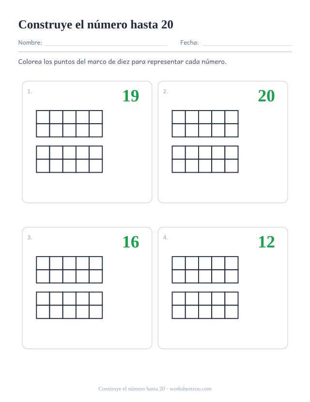Ficha para contar con marcos de diez dobles para los números del 11 al 20 vacíos, colorea la cantidad justa de puntos para formar cada número