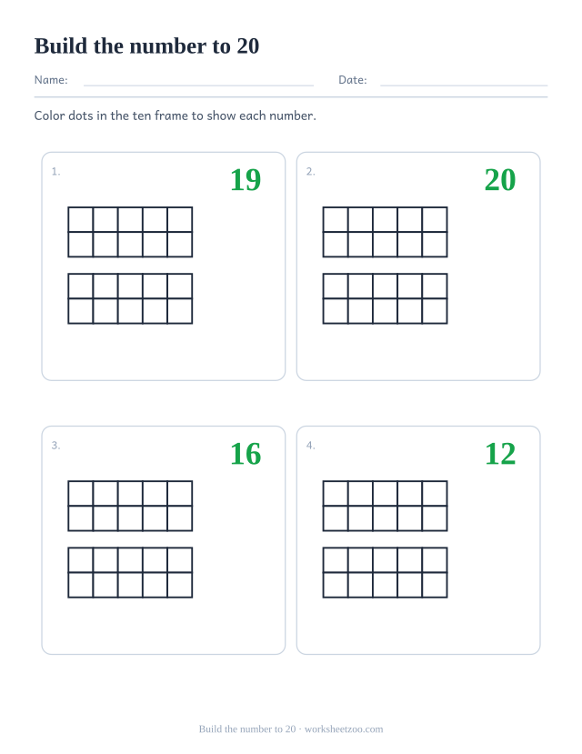 Counting worksheet with empty double ten frames for the numbers 11 to 20, color the right number of dots to build each one