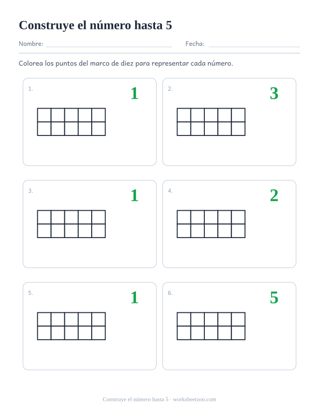 Ficha para contar con marcos de diez para los números del 1 al 5 vacíos, colorea la cantidad justa de puntos para formar cada número