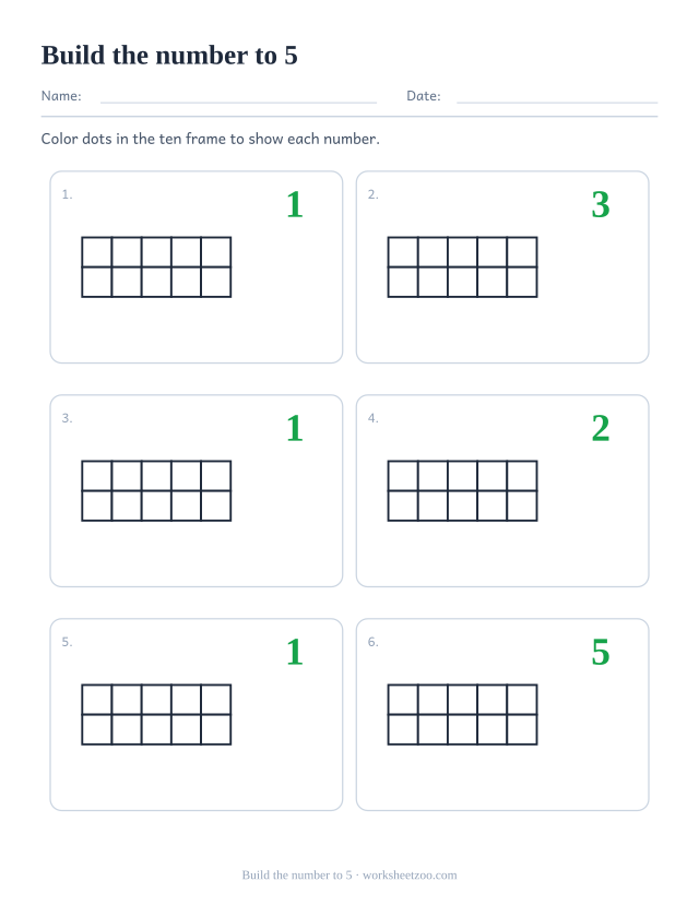 Counting worksheet with empty ten frames for the numbers 1 to 5, color the right number of dots to build each one