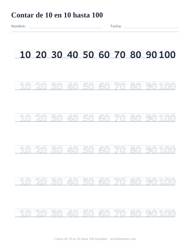 Ficha para trazar la serie de 10 en 10 hasta 100 sobre pauta de escritura