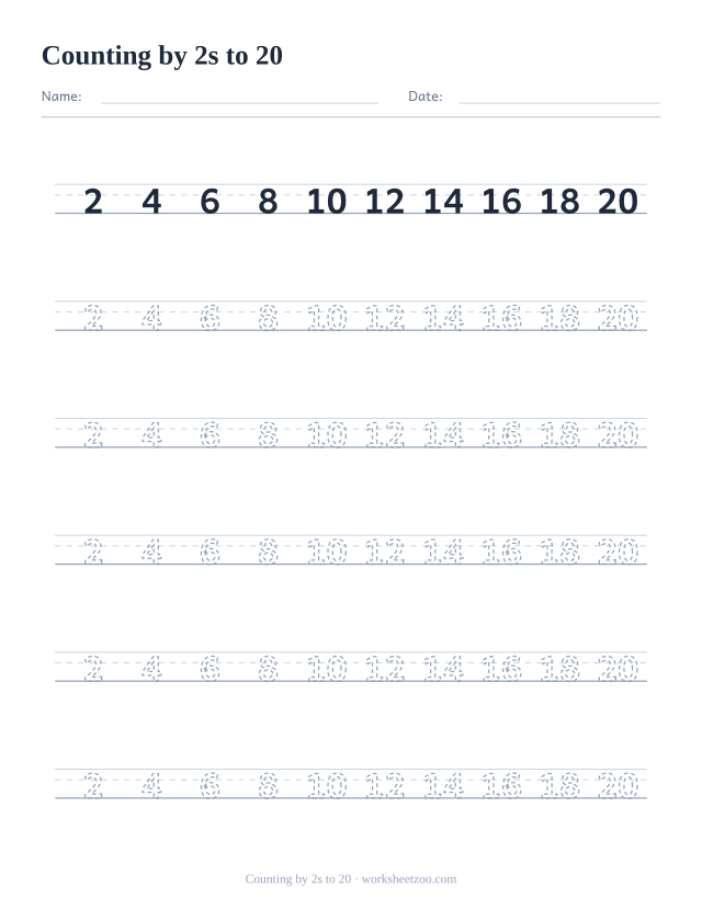 Skip counting by 2s to 20 tracing worksheet, the sequence written on handwriting guides to trace