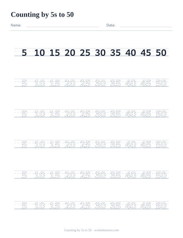 Skip counting by 5s to 50 tracing worksheet, the sequence written on handwriting guides to trace