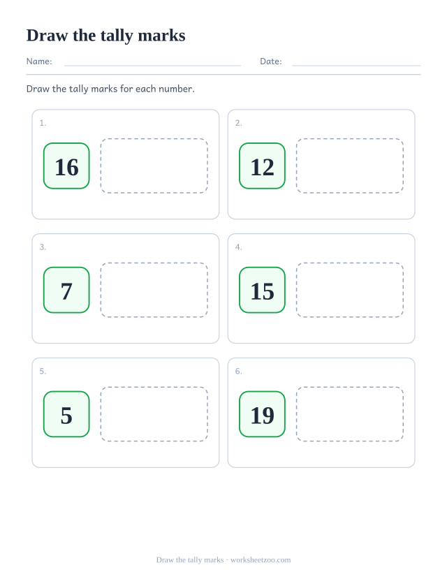 Tally marks counting worksheet, draw the five-bar tally marks for each number up to 20