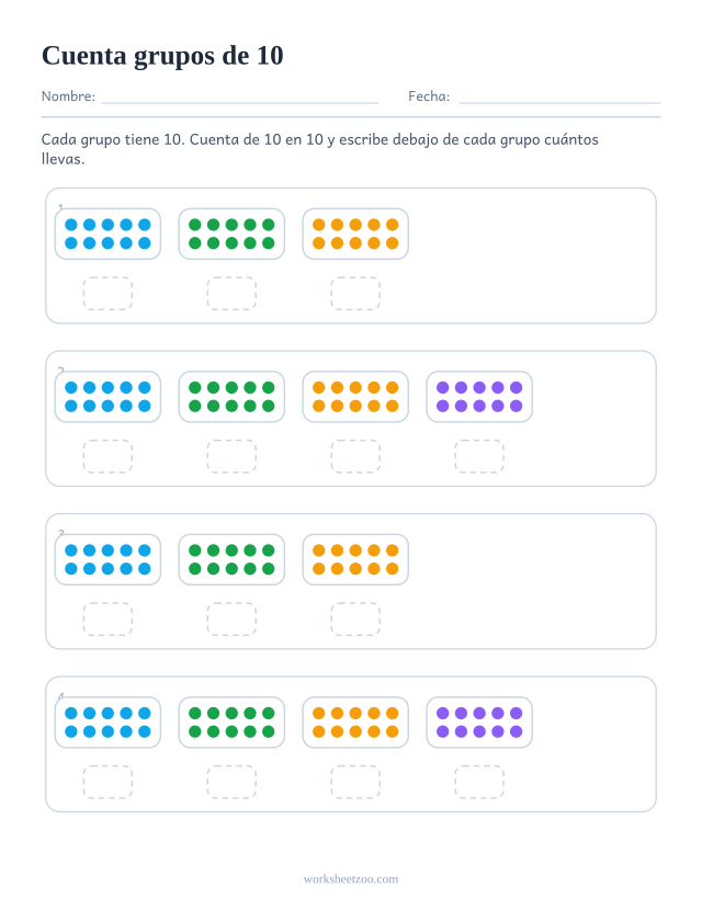 Ficha de conteo salteado con grupos de 10 objetos para contar de 10 en 10 y el total acumulado bajo cada grupo