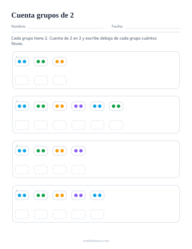 Ficha de conteo salteado con grupos de 2 objetos para contar de 2 en 2 y el total acumulado bajo cada grupo