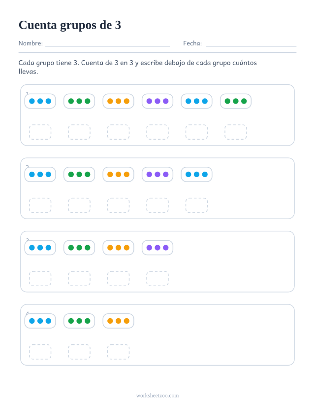 Ficha de conteo salteado con grupos de 3 objetos para contar de 3 en 3 y el total acumulado bajo cada grupo