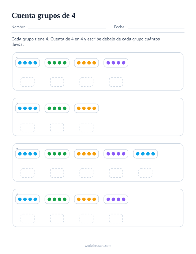 Ficha de conteo salteado con grupos de 4 objetos para contar de 4 en 4 y el total acumulado bajo cada grupo