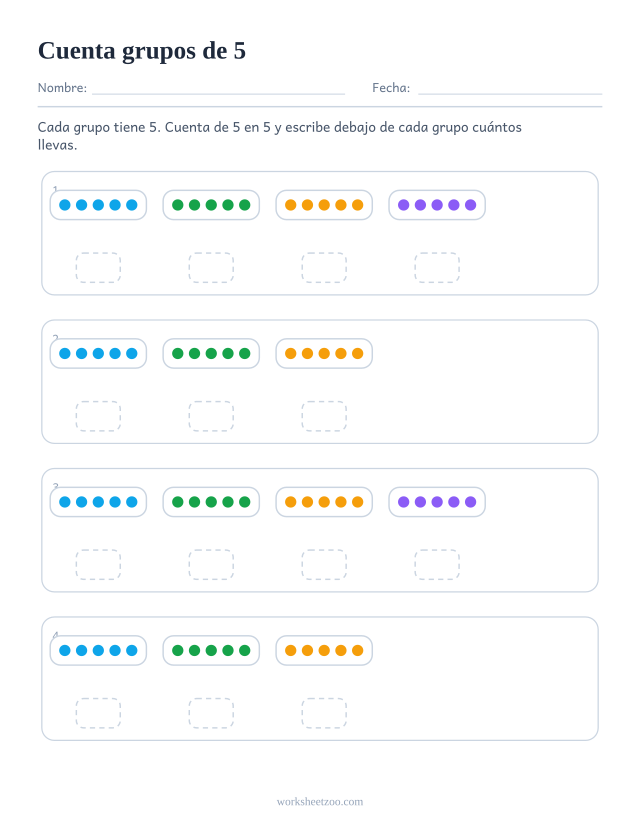 Ficha de conteo salteado con grupos de 5 objetos para contar de 5 en 5 y el total acumulado bajo cada grupo