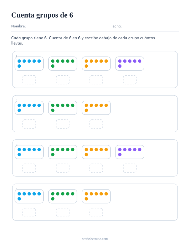 Ficha de conteo salteado con grupos de 6 objetos para contar de 6 en 6 y el total acumulado bajo cada grupo