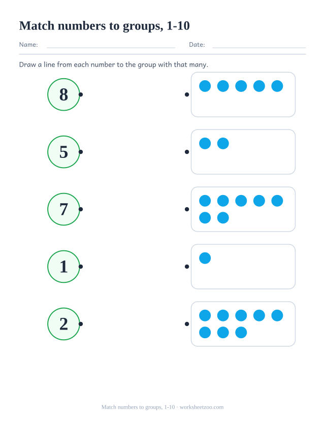 Counting worksheet, draw a line from each number between 1 and 10 to the group of dots that has that many
