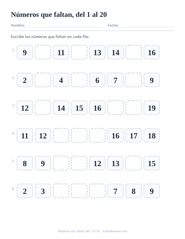 Ficha para contar con seis filas de ocho números con tres huecos cada una, escribe los números que faltan