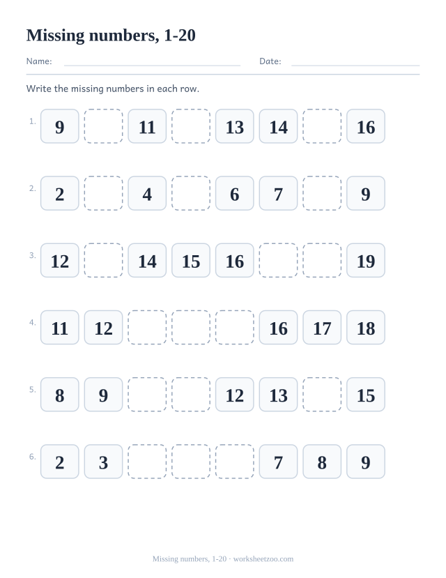Counting worksheet with six rows of eight numbers with three gaps each, write the numbers that are missing