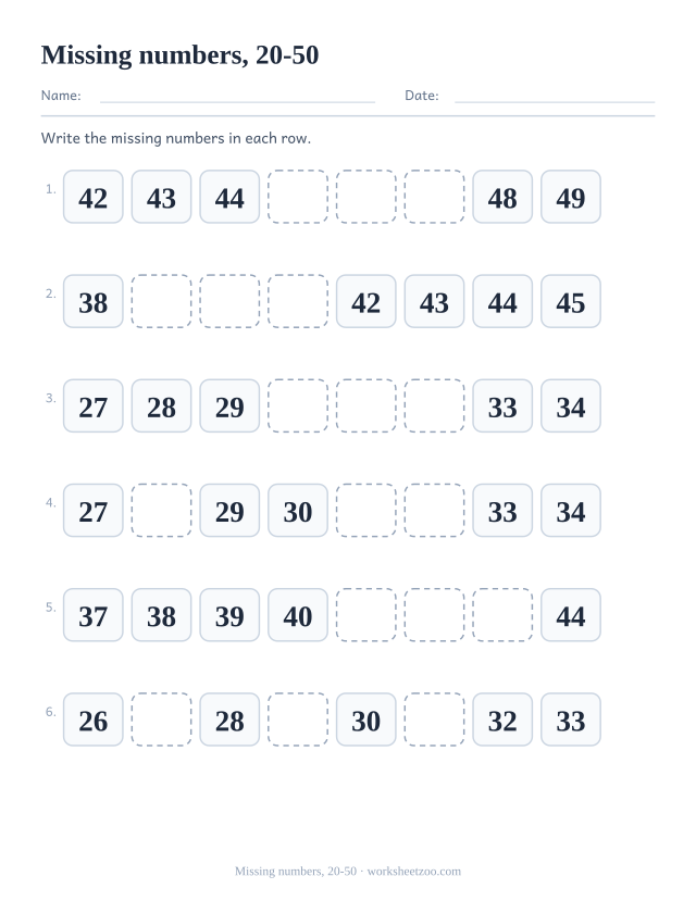 Counting worksheet with six rows of eight numbers between twenty and fifty with gaps to complete, write the numbers that are missing