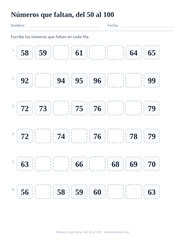 Ficha para contar con seis filas de ocho números entre el cincuenta y el cien con huecos que completar, escribe los números que faltan