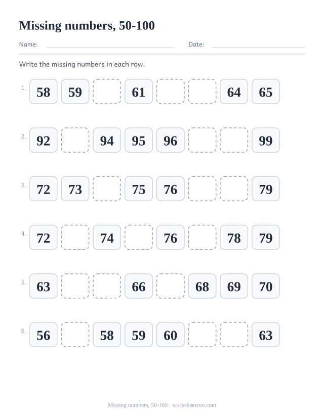 Counting worksheet with six rows of eight numbers between fifty and one hundred with gaps to complete, write the numbers that are missing