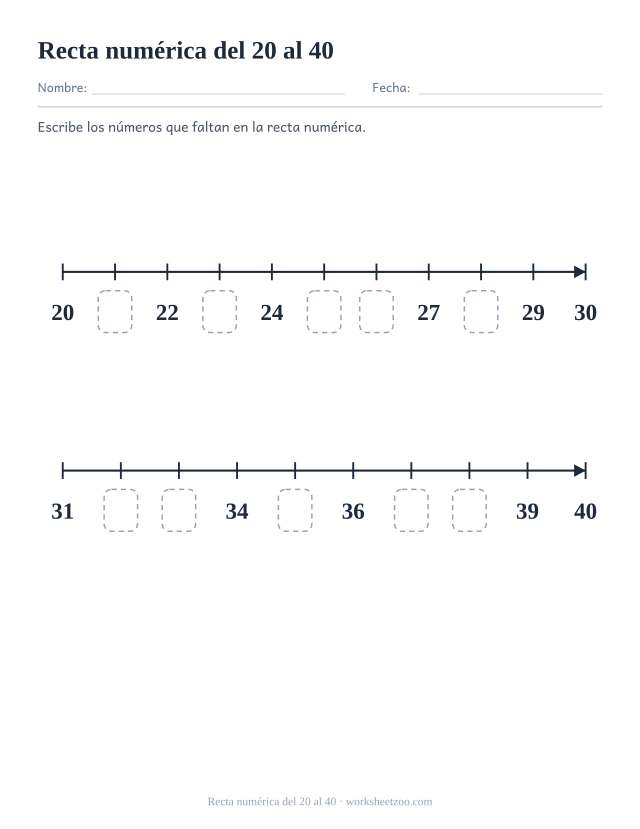 Ficha para contar con dos rectas numéricas del veinte al cuarenta con etiquetas ausentes, escribe los números que faltan
