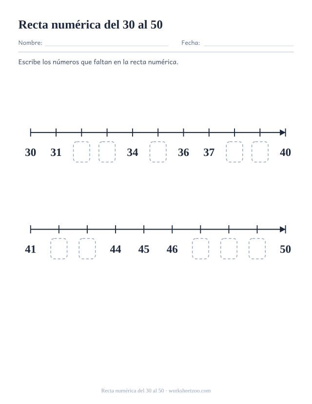 Ficha para contar con dos rectas numéricas del treinta al cincuenta con etiquetas ausentes, escribe los números que faltan
