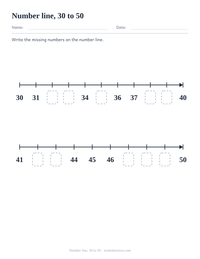 Counting worksheet with two number lines covering thirty to fifty with missing labels, write the numbers that are missing