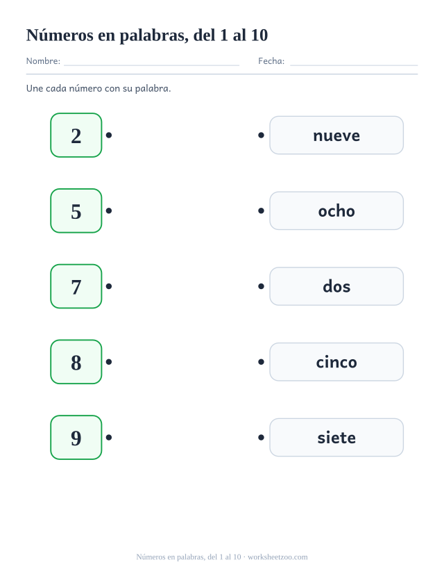 Ficha para contar, une cada número del 1 al 10 con la palabra escrita que lo nombra