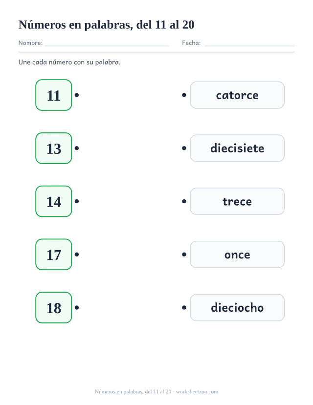 Ficha para contar, une cada número del 11 al 20 con la palabra escrita que lo nombra