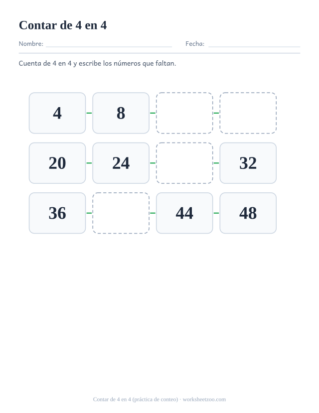 Ficha de conteo salteado, cuenta de 4 en 4 hasta 48 y escribe los números que faltan en la cadena